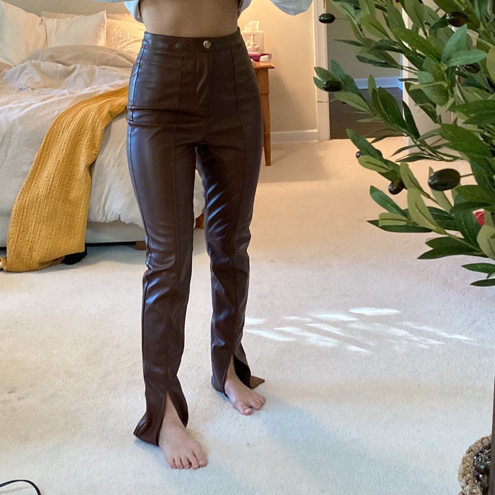 Brown Pleather High Waisted Pants with Ankle Slit